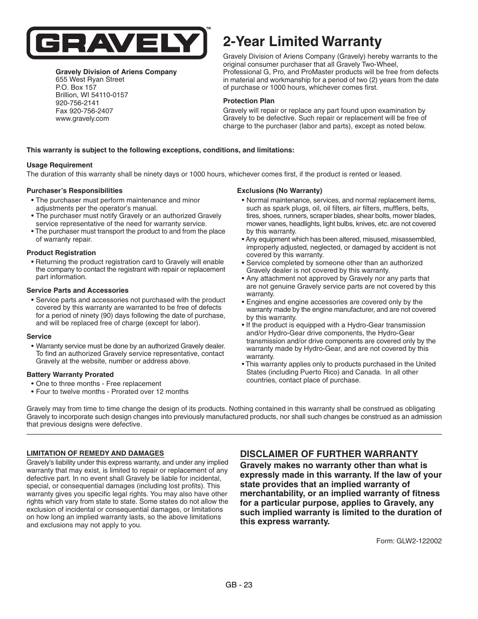 Year limited warranty, Disclaimer of further warranty | Ariens 985115 User Manual | Page 23 / 24