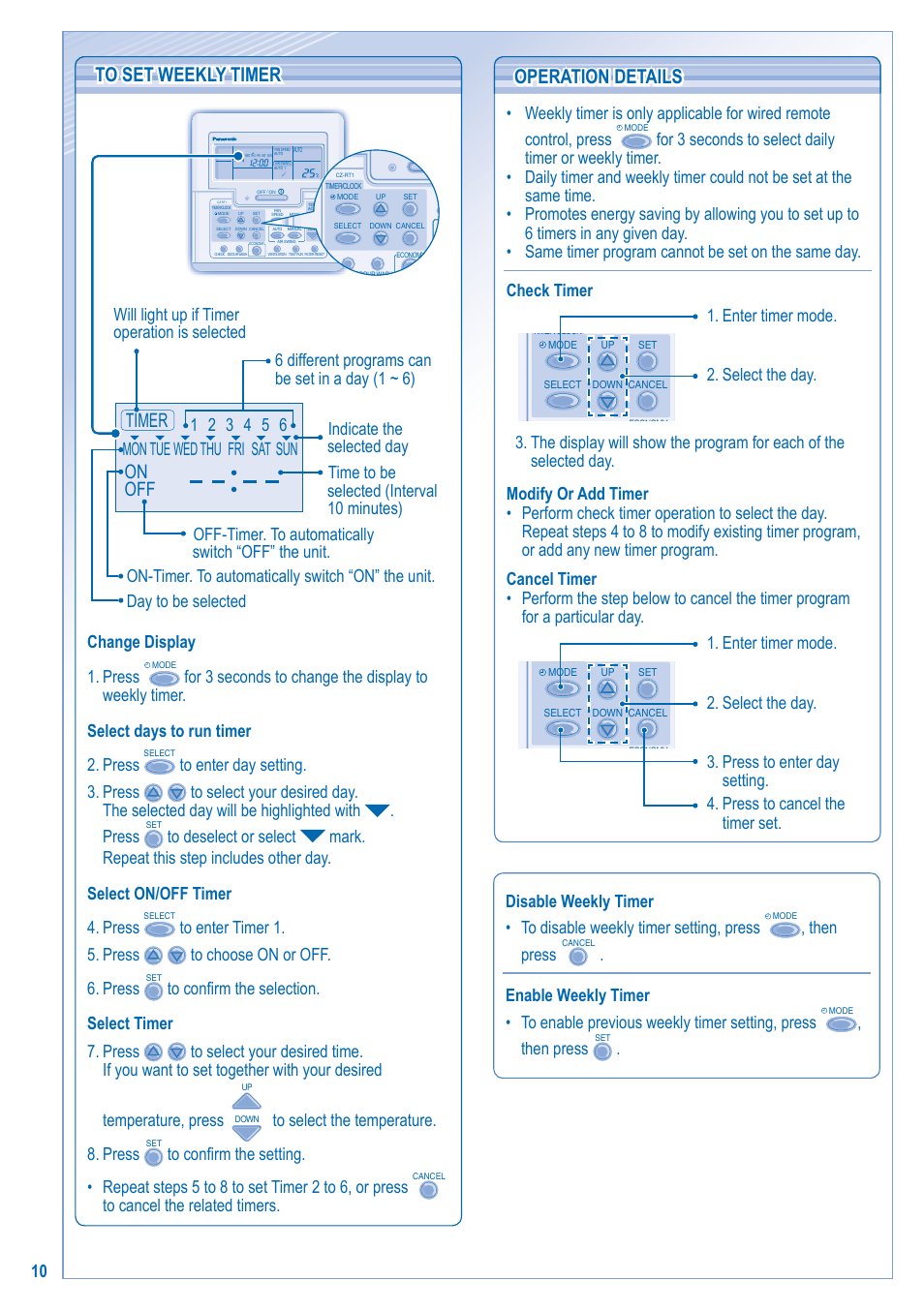 Operation details operation details, On off timer, Change display 1. press | Then press | Panasonic U5LA1E5 User Manual | Page 10 / 112