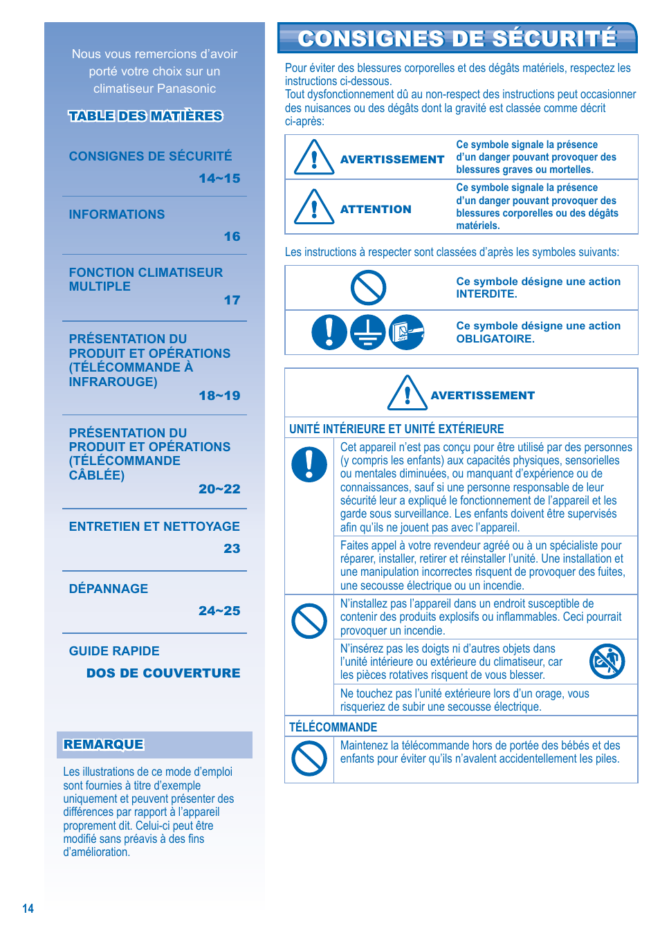 Consignes de sécurité | Panasonic U5LA1E5 User Manual | Page 14 / 112
