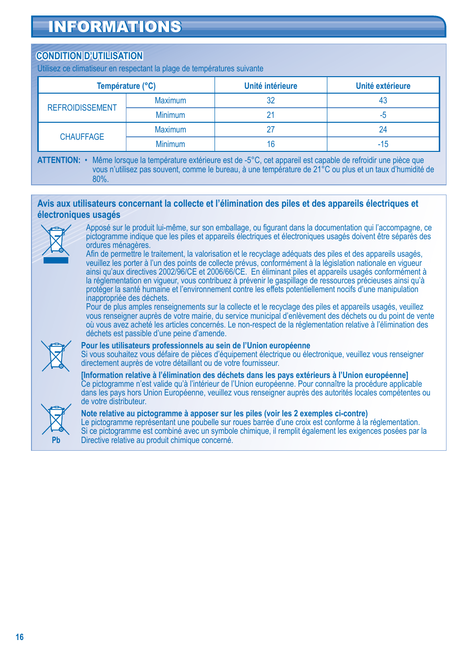 Informations | Panasonic U5LA1E5 User Manual | Page 16 / 112