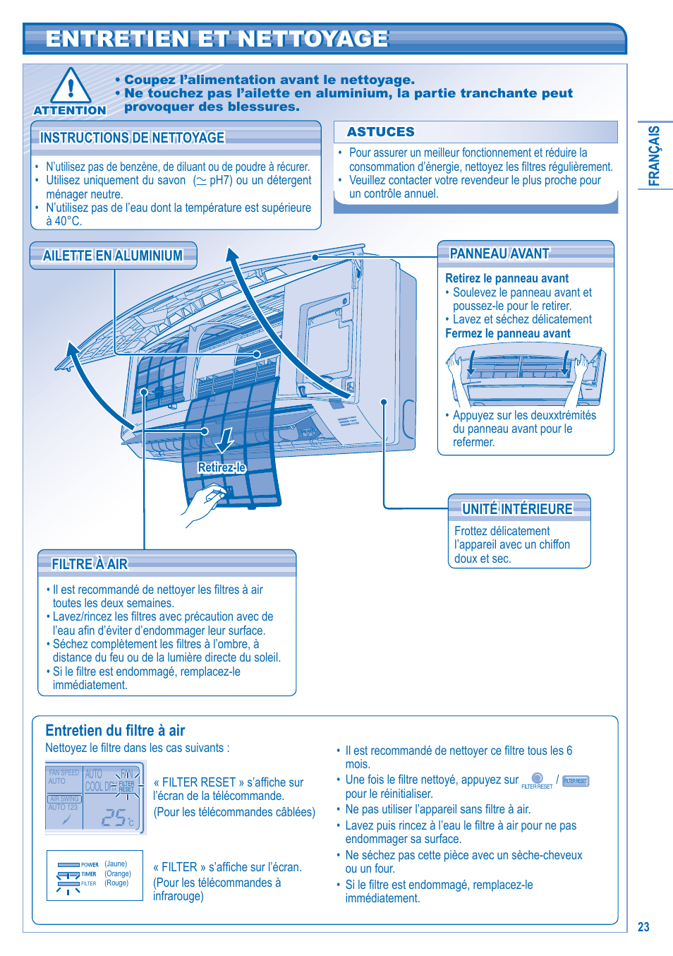 Entretien et nettoyage, Entretien du fi ltre à air | Panasonic U5LA1E5 User Manual | Page 23 / 112