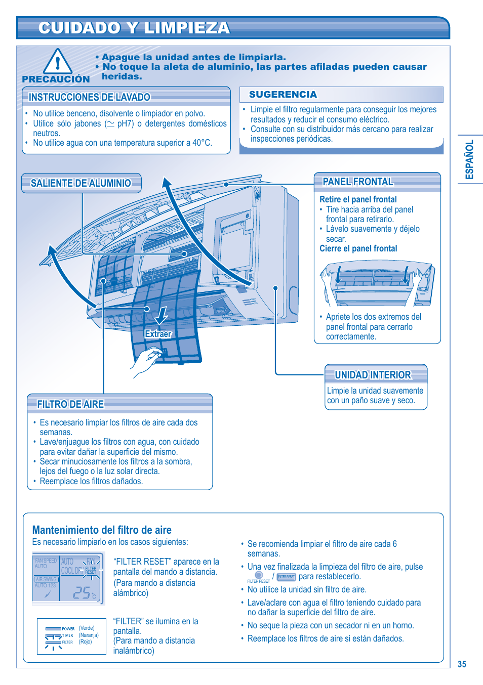 Cuidado y limpieza, Mantenimiento del fi ltro de aire | Panasonic U5LA1E5 User Manual | Page 35 / 112