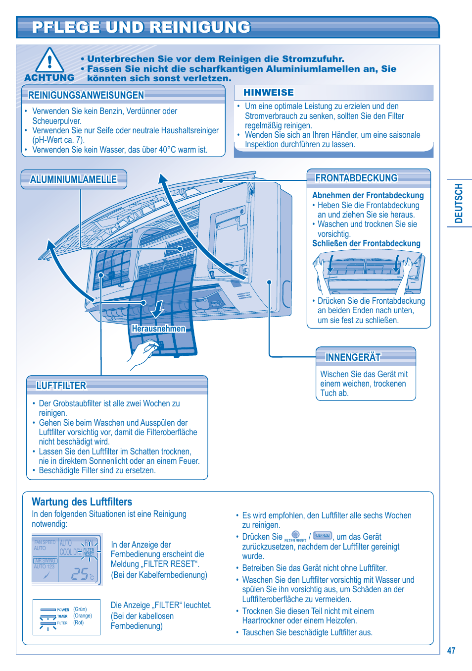Pflege und reinigung, Wartung des luftfi lters | Panasonic U5LA1E5 User Manual | Page 47 / 112