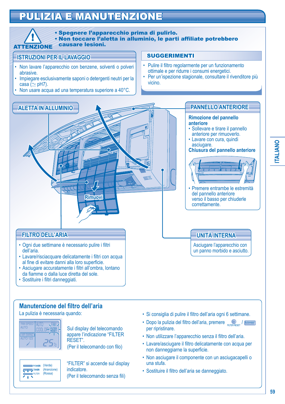 Pulizia e manutenzione, Manutenzione del fi ltro dell’aria | Panasonic U5LA1E5 User Manual | Page 59 / 112
