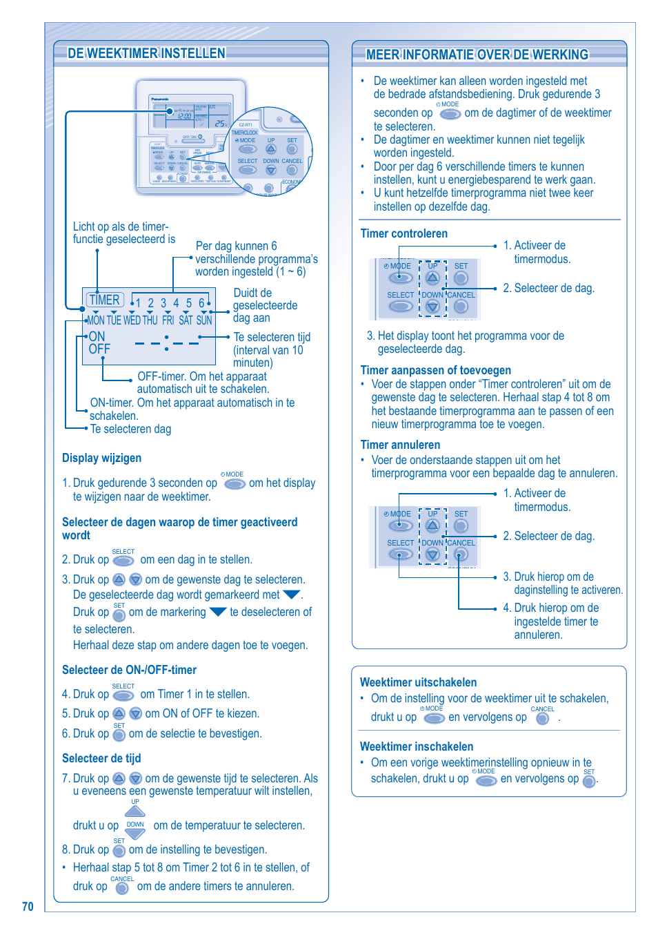 De weektimer instellen, Meer informatie over de werking, On off timer | Display wijzigen 1. druk gedurende 3 seconden op, Om de temperatuur te selecteren. 8. druk op, En vervolgens op | Panasonic U5LA1E5 User Manual | Page 70 / 112