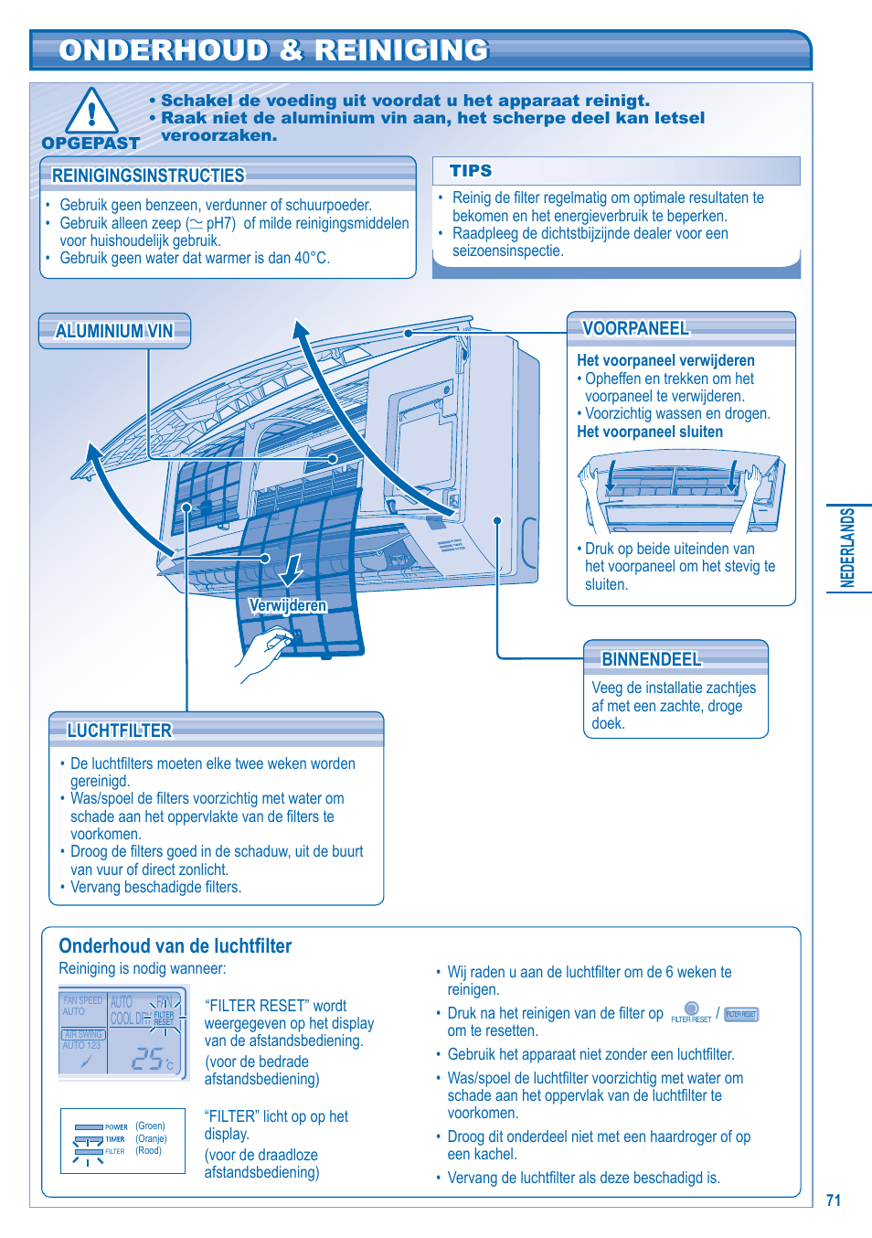 Onderhoud & reiniging, Onderhoud van de luchtfi lter | Panasonic U5LA1E5 User Manual | Page 71 / 112