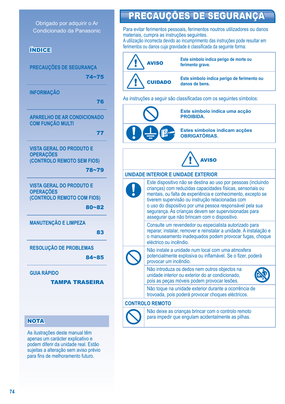 Precauções de segurança | Panasonic U5LA1E5 User Manual | Page 74 / 112