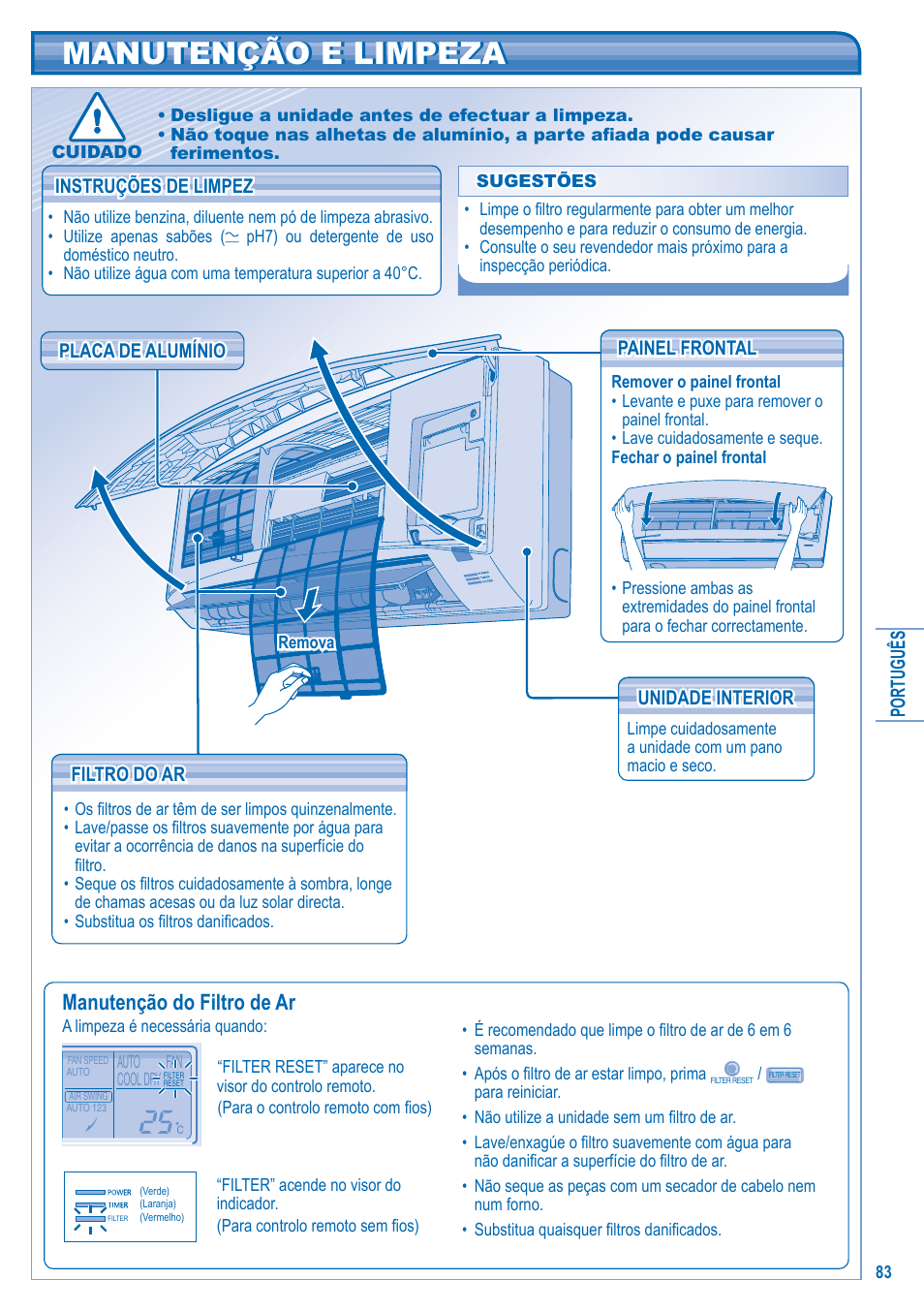 Manutenção e limpeza, Manutenção do filtro de ar | Panasonic U5LA1E5 User Manual | Page 83 / 112