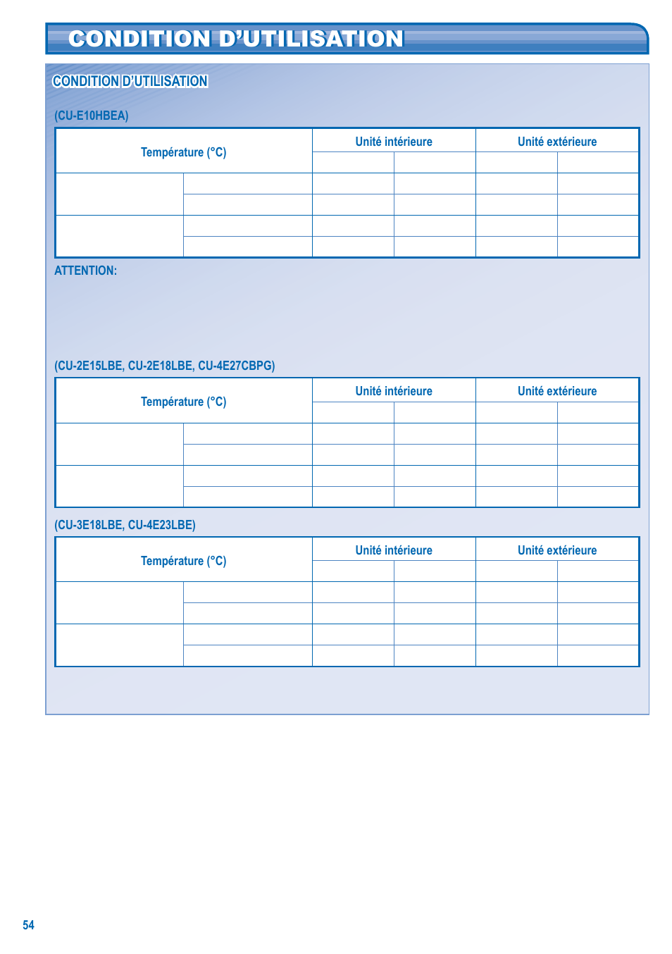 Condition d’utilisation | Panasonic CSE10KD3EA User Manual | Page 54 / 92