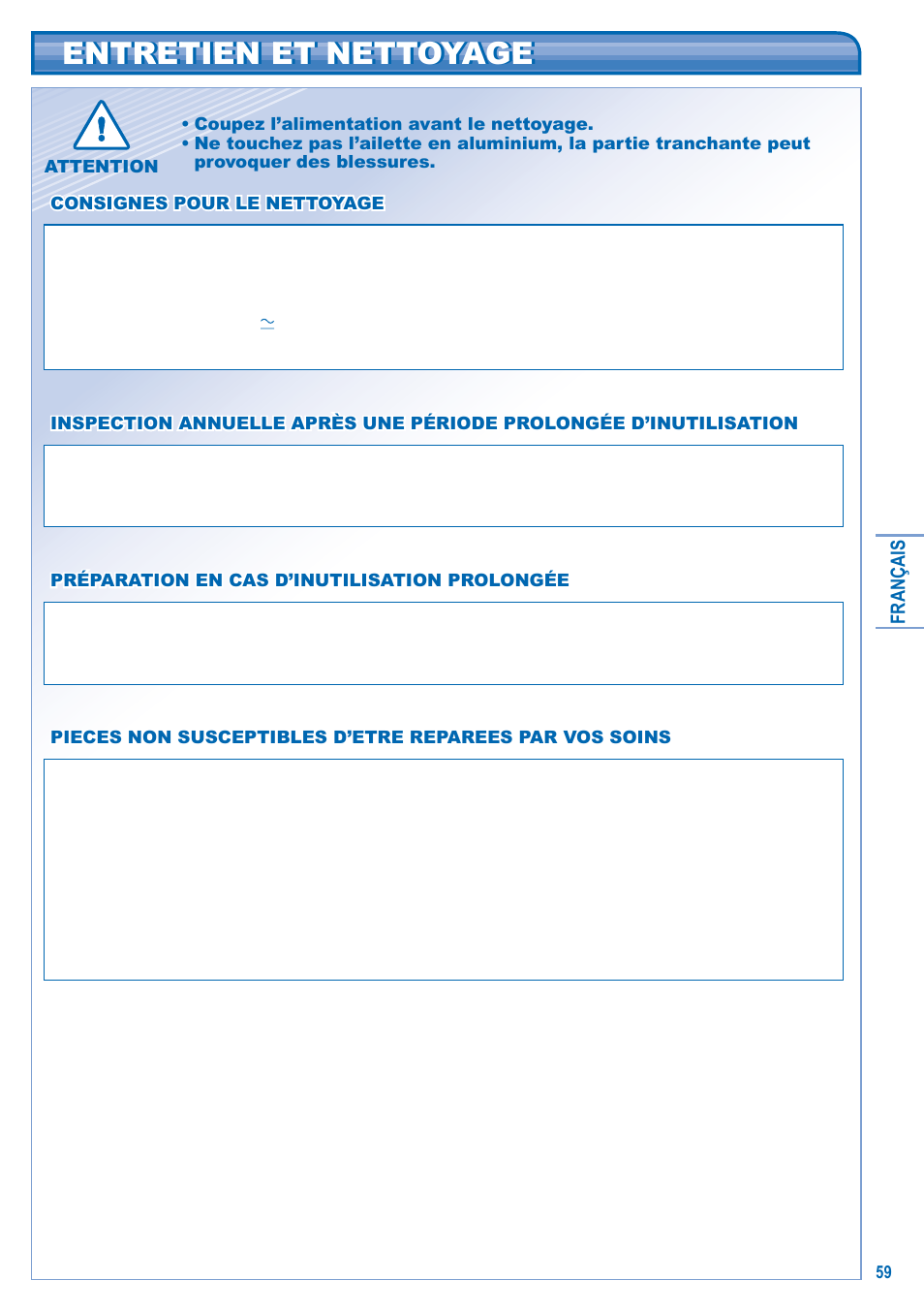 Entretien et nettoyage entretien et nettoyage | Panasonic CSE10KD3EA User Manual | Page 59 / 92