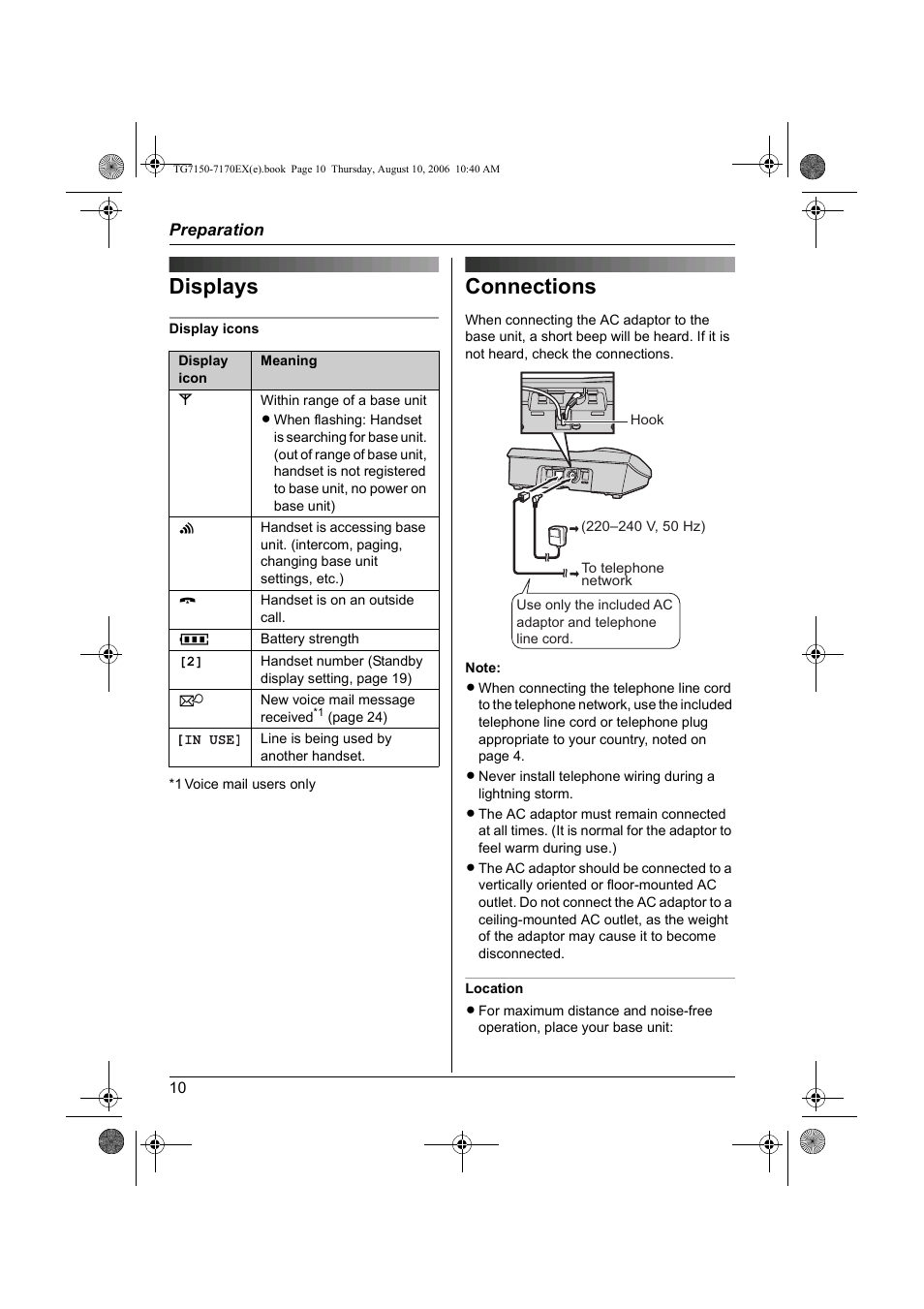 Displays, Connections, Displays connections | Panasonic KXTG7150EX User Manual | Page 10 / 216