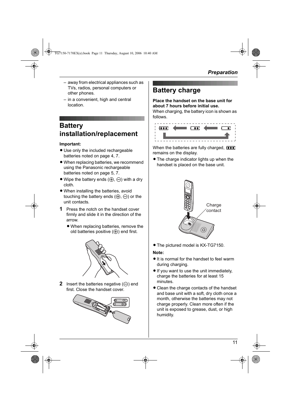 Battery installation/replacement, Battery charge, Battery installation/replacement battery charge | Panasonic KXTG7150EX User Manual | Page 11 / 216