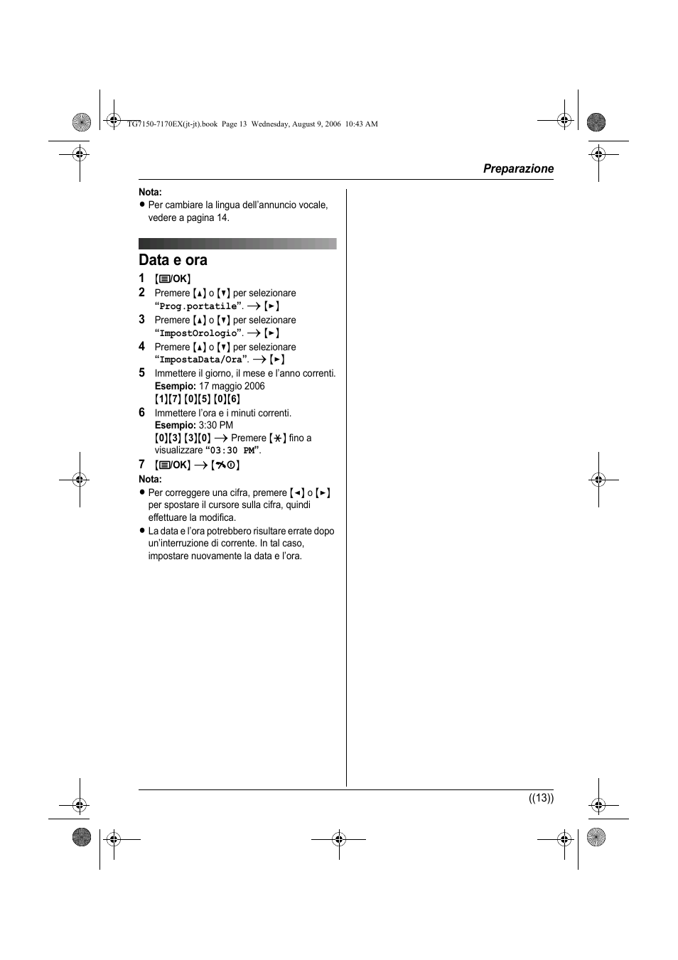 Data e ora | Panasonic KXTG7150EX User Manual | Page 121 / 216