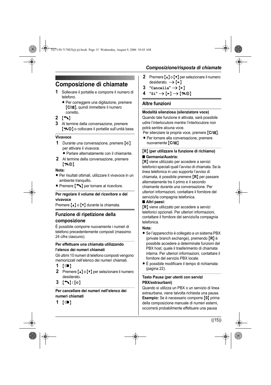 Composizione di chiamate | Panasonic KXTG7150EX User Manual | Page 123 / 216