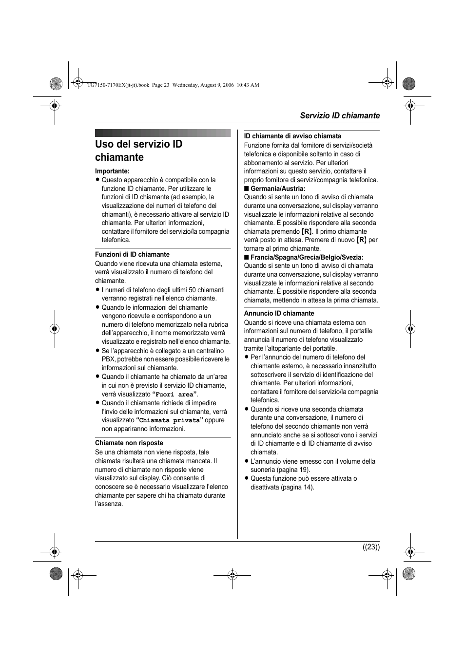 Lista de llamadas recibidas, Uso del servizio id chiamante | Panasonic KXTG7150EX User Manual | Page 131 / 216