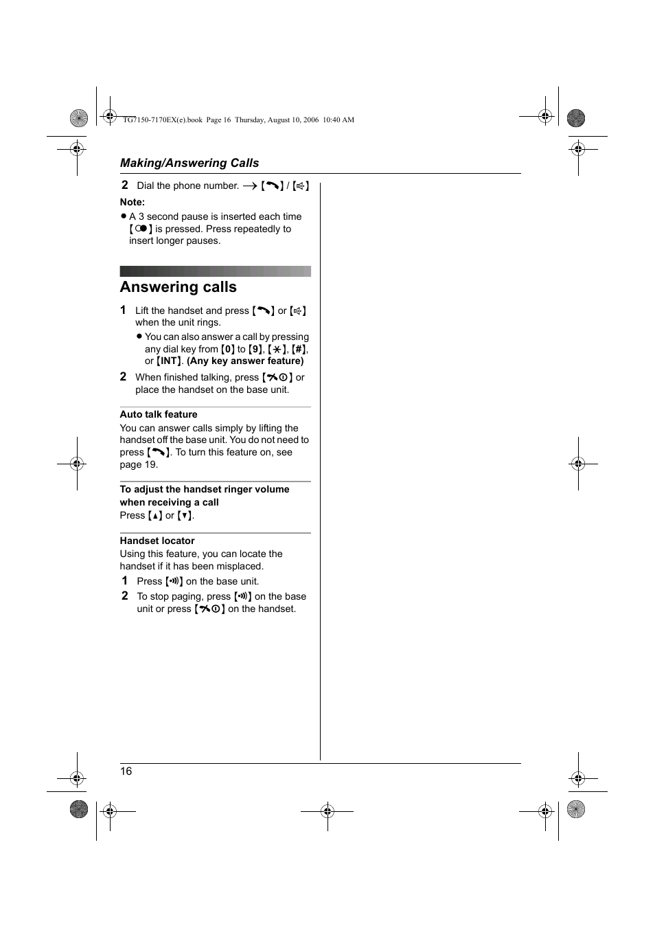 Answering calls | Panasonic KXTG7150EX User Manual | Page 16 / 216