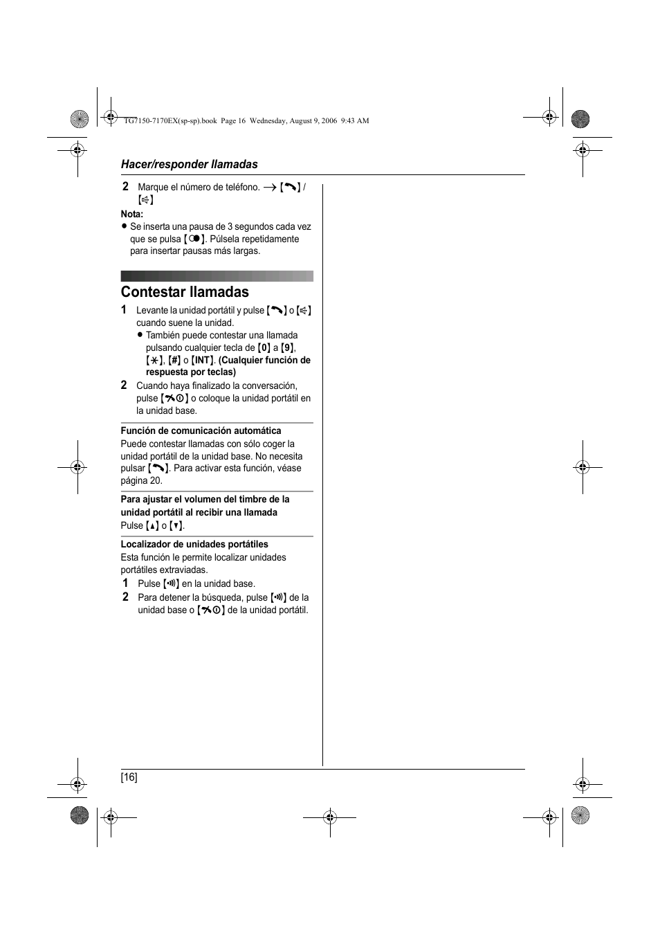 Contestar llamadas | Panasonic KXTG7150EX User Manual | Page 160 / 216