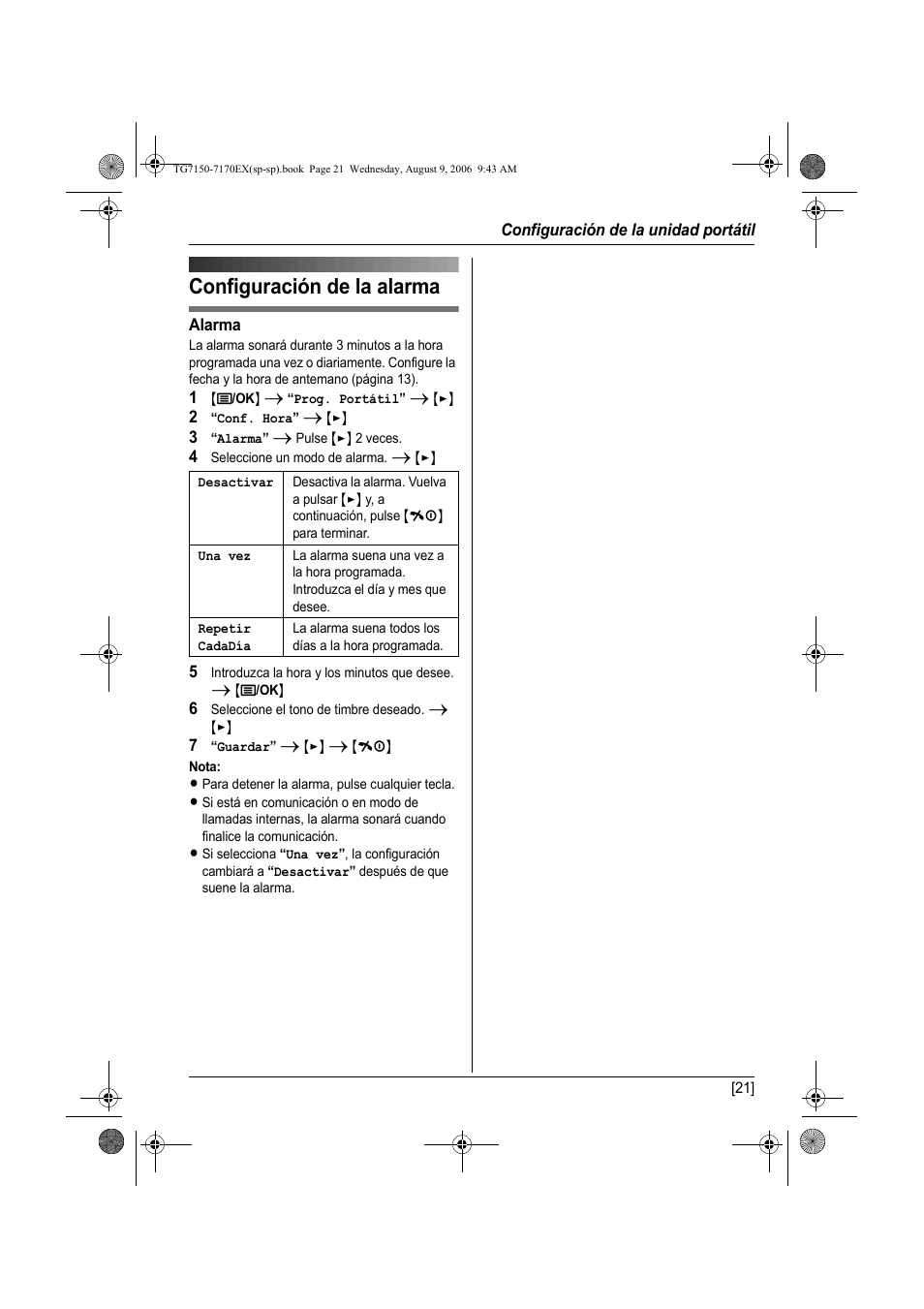 Configuración de la alarma | Panasonic KXTG7150EX User Manual | Page 165 / 216