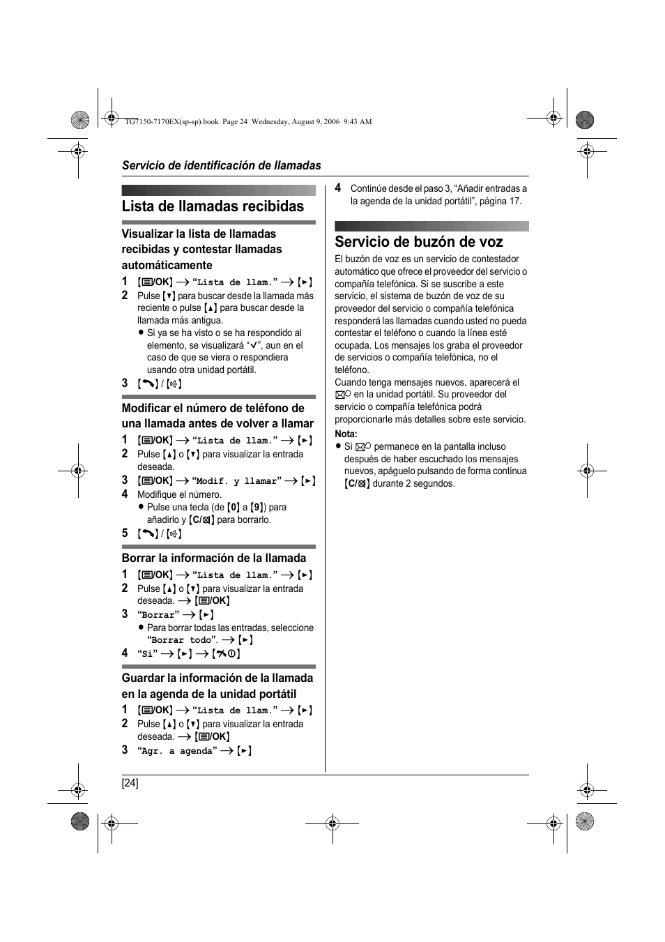 Servicio de buzón de voz, Lista de llamadas recibidas | Panasonic KXTG7150EX User Manual | Page 168 / 216