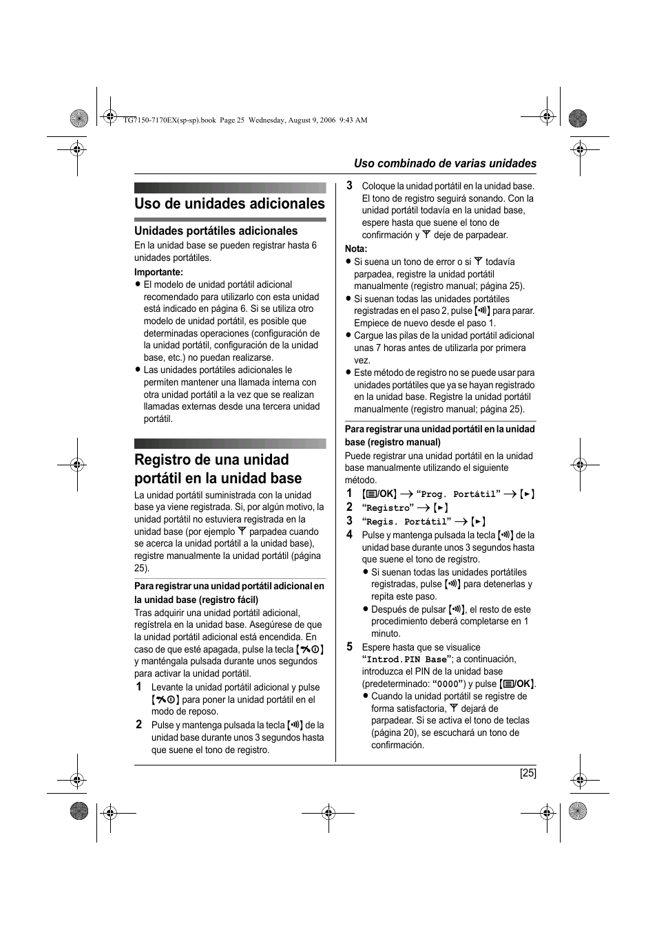 Registro de una unidad portátil en la unidad base, Uso de unidades adicionales | Panasonic KXTG7150EX User Manual | Page 169 / 216