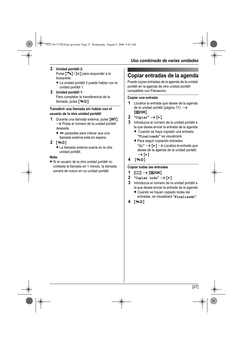 Copiar entradas de la agenda | Panasonic KXTG7150EX User Manual | Page 171 / 216