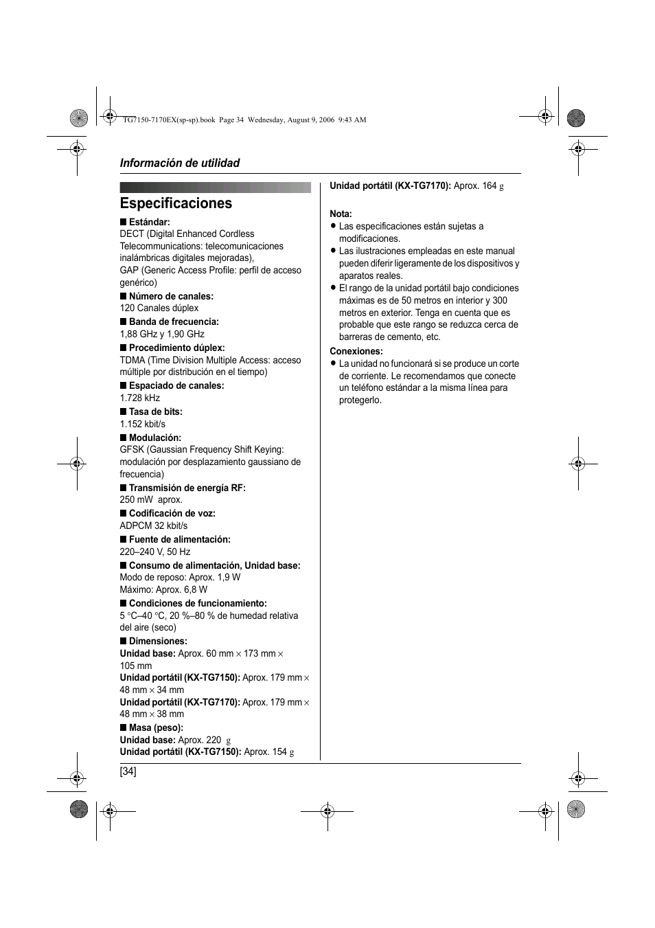 Especificaciones | Panasonic KXTG7150EX User Manual | Page 178 / 216