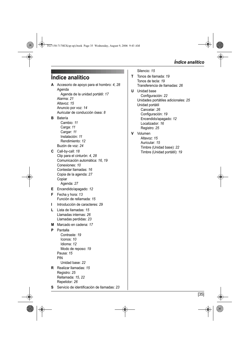 Índice analítico | Panasonic KXTG7150EX User Manual | Page 179 / 216