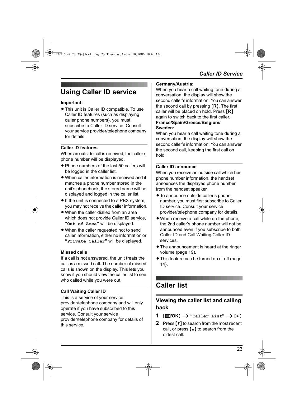 Caller id service, Using caller id service, Caller list | Leistungsmerkmal anruferanzeige (clip), Service d’identification des appels, Servizio id chiamante, Servicio de identificación de llamadas, Х²зсеуяб бнбгн сйузт фбхфьфзфбт кблпжнфпт, Using caller id service caller list | Panasonic KXTG7150EX User Manual | Page 23 / 216