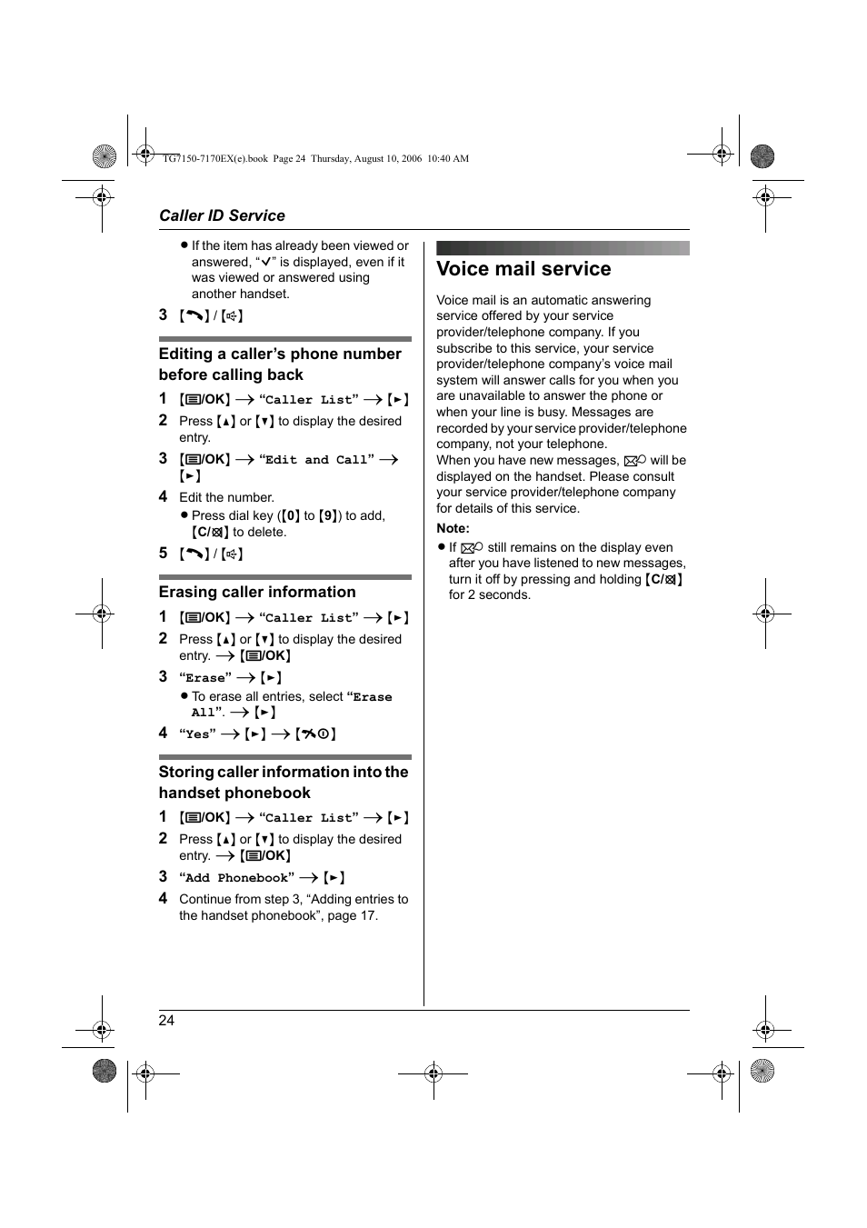 Voice mail service, Age 24 | Panasonic KXTG7150EX User Manual | Page 24 / 216