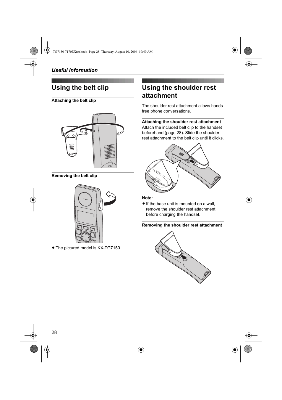 Useful information, Using the belt clip, Using the shoulder rest attachment | Nützliche informationen, Informations utiles, Informazioni utili, Información de utilidad, Счуймет ²лзспцпсяет | Panasonic KXTG7150EX User Manual | Page 28 / 216