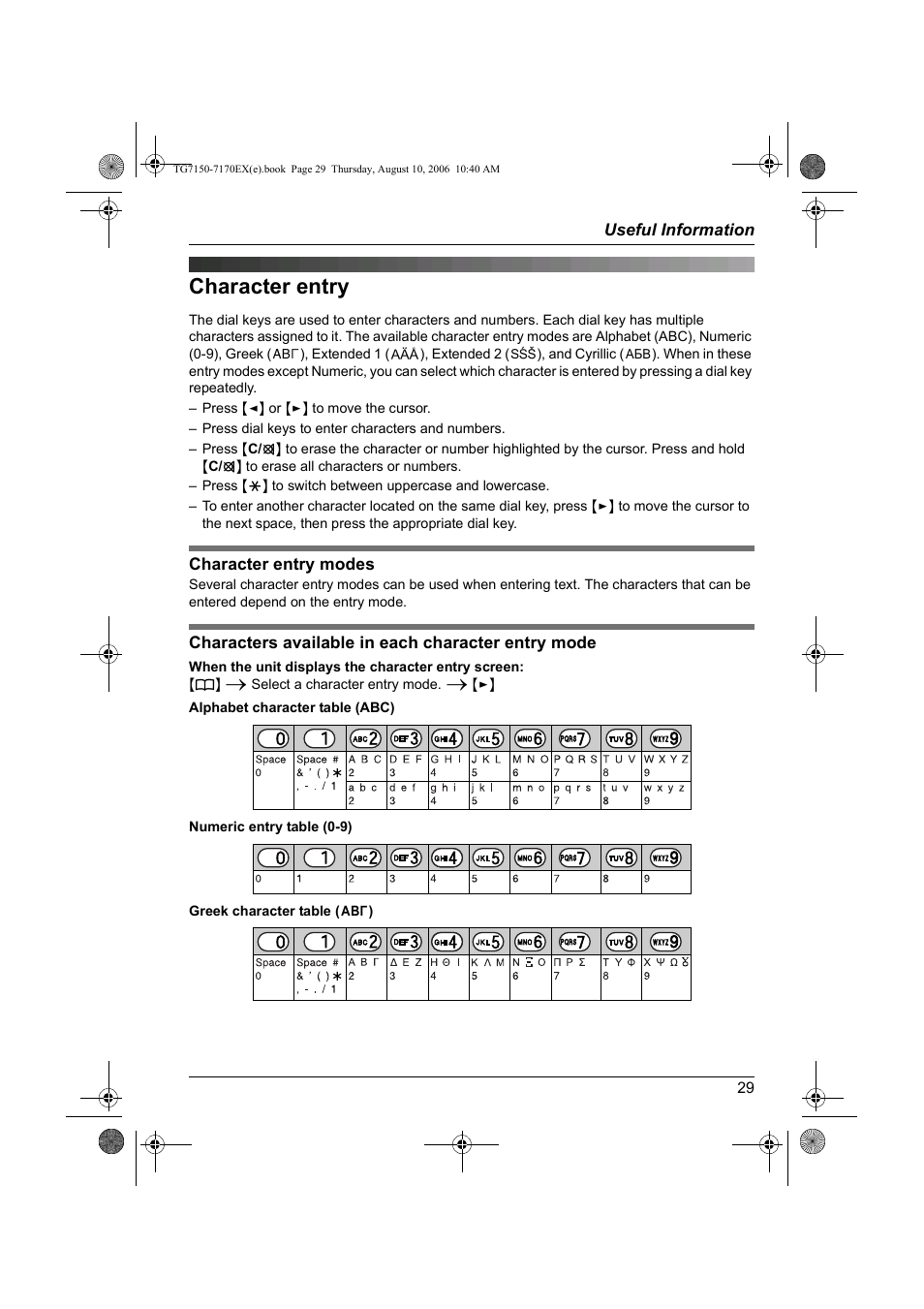 Character entry | Panasonic KXTG7150EX User Manual | Page 29 / 216