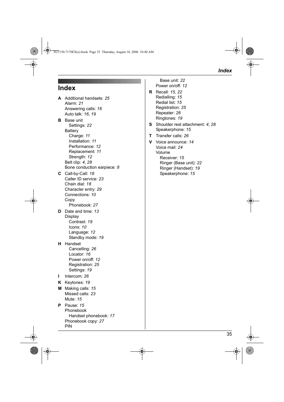 Index, Indice | Panasonic KXTG7150EX User Manual | Page 35 / 216