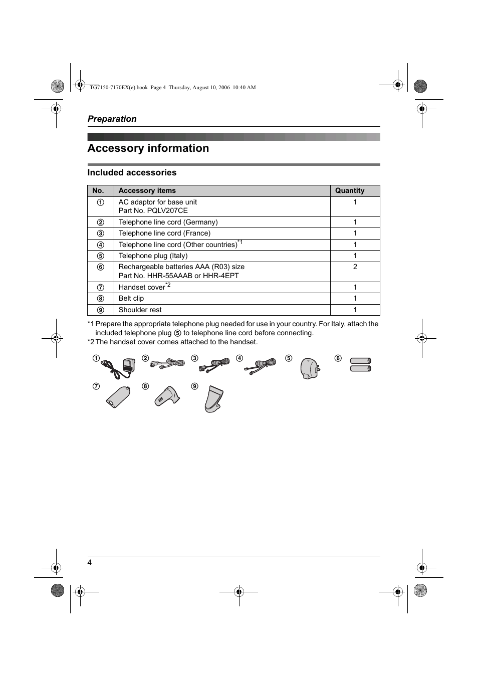 Preparation, Accessory information, Vorbereitung | Préparatifs, Preparazione, Preparación, Гспефпймбуяб | Panasonic KXTG7150EX User Manual | Page 4 / 216