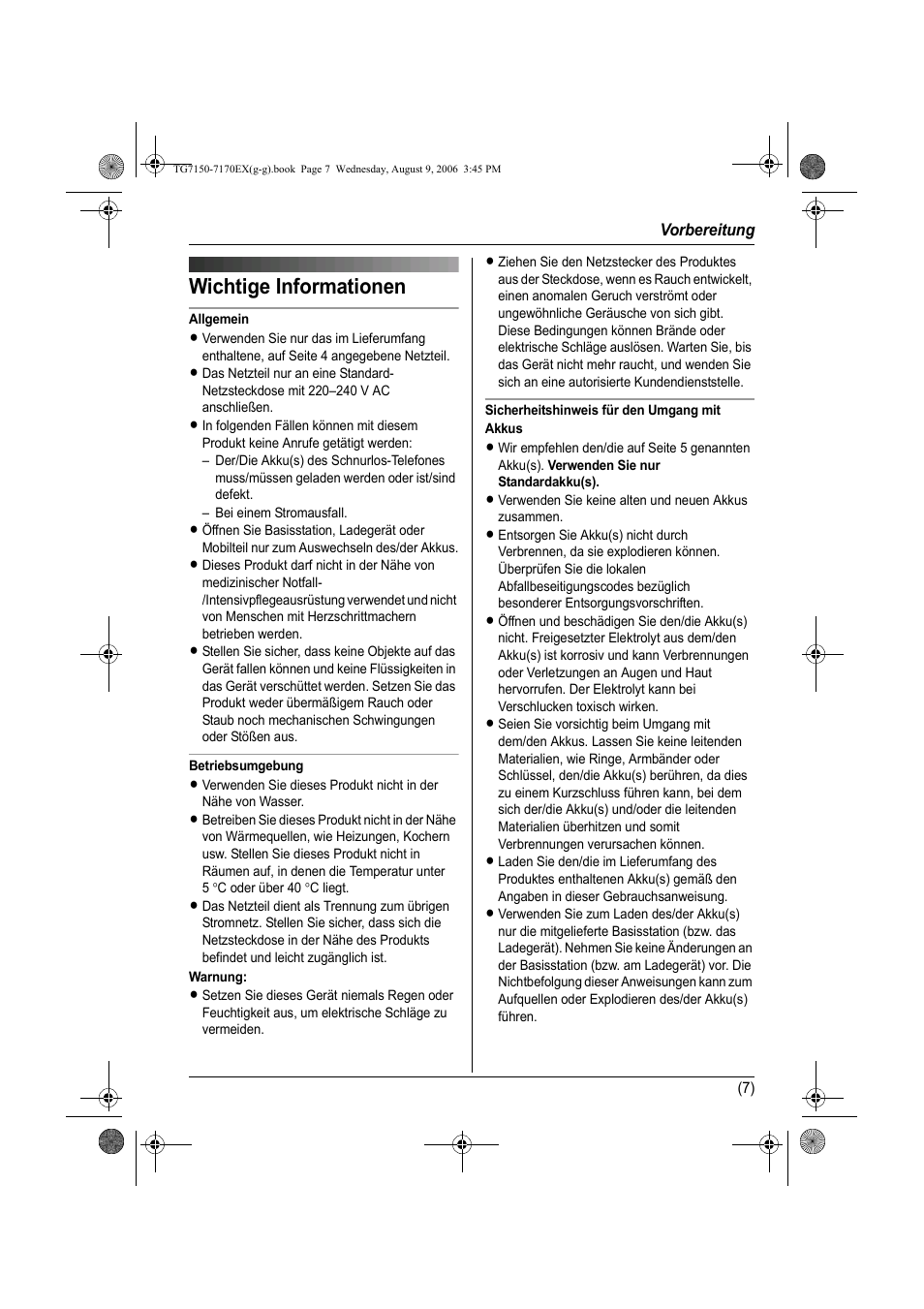 Wichtige informationen | Panasonic KXTG7150EX User Manual | Page 43 / 216