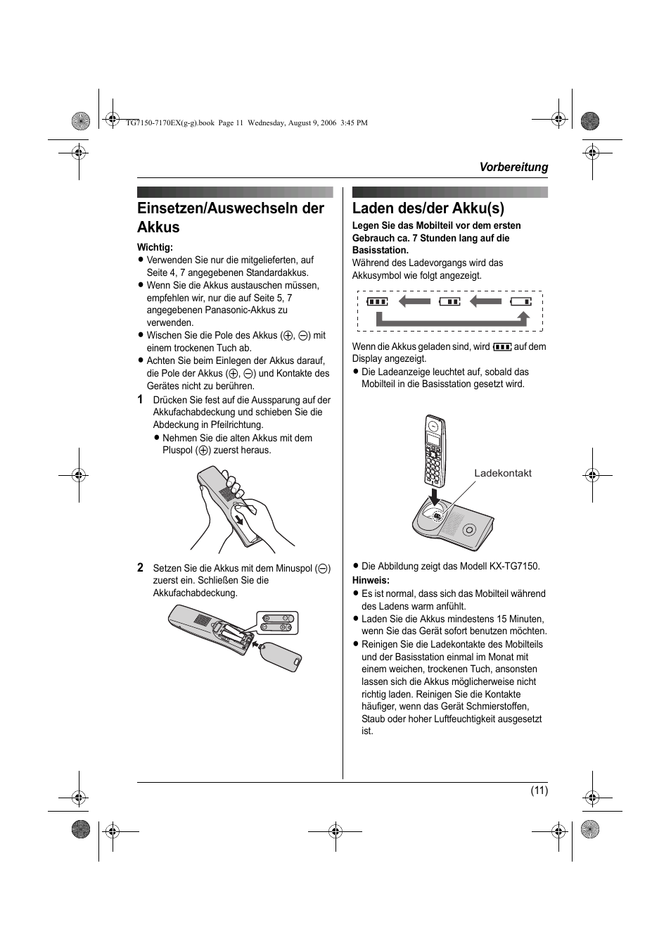 Einsetzen/auswechseln der akkus, Laden des/der akku(s) | Panasonic KXTG7150EX User Manual | Page 47 / 216