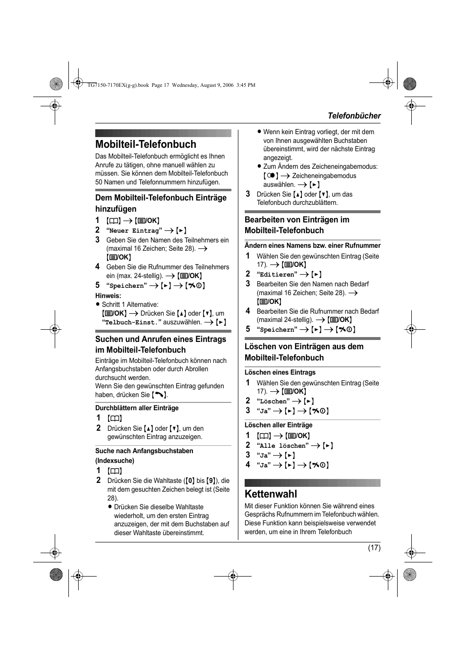 Telefonbücher, Mobilteil-telefonbuch, Kettenwahl | Répertoire, Répertoire du combiné, Rubrica del portatile, Agenda, Agenda de la unidad portátil | Panasonic KXTG7150EX User Manual | Page 53 / 216