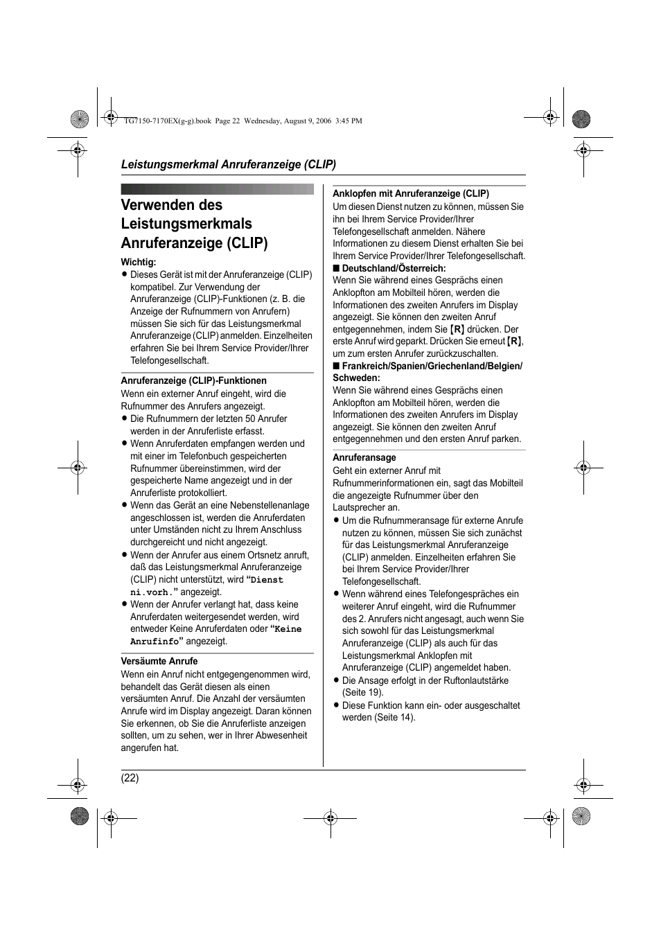 Leistungsmerkmal anruferanzeige (clip), Uso del servizio id chiamante, Servicio de identificación de llamadas | Panasonic KXTG7150EX User Manual | Page 58 / 216