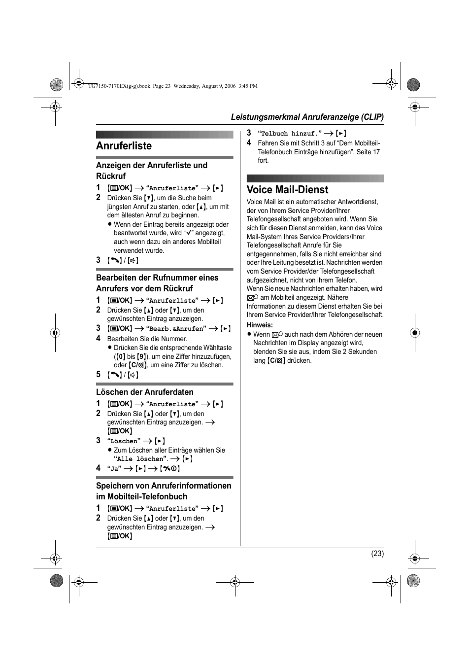 Anruferliste, Voice mail-dienst, Anruferliste voice mail-dienst | Panasonic KXTG7150EX User Manual | Page 59 / 216