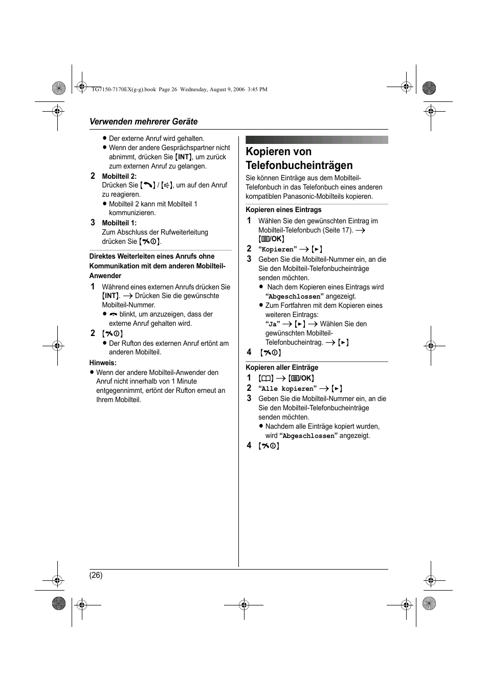 Kopieren von telefonbucheinträgen | Panasonic KXTG7150EX User Manual | Page 62 / 216