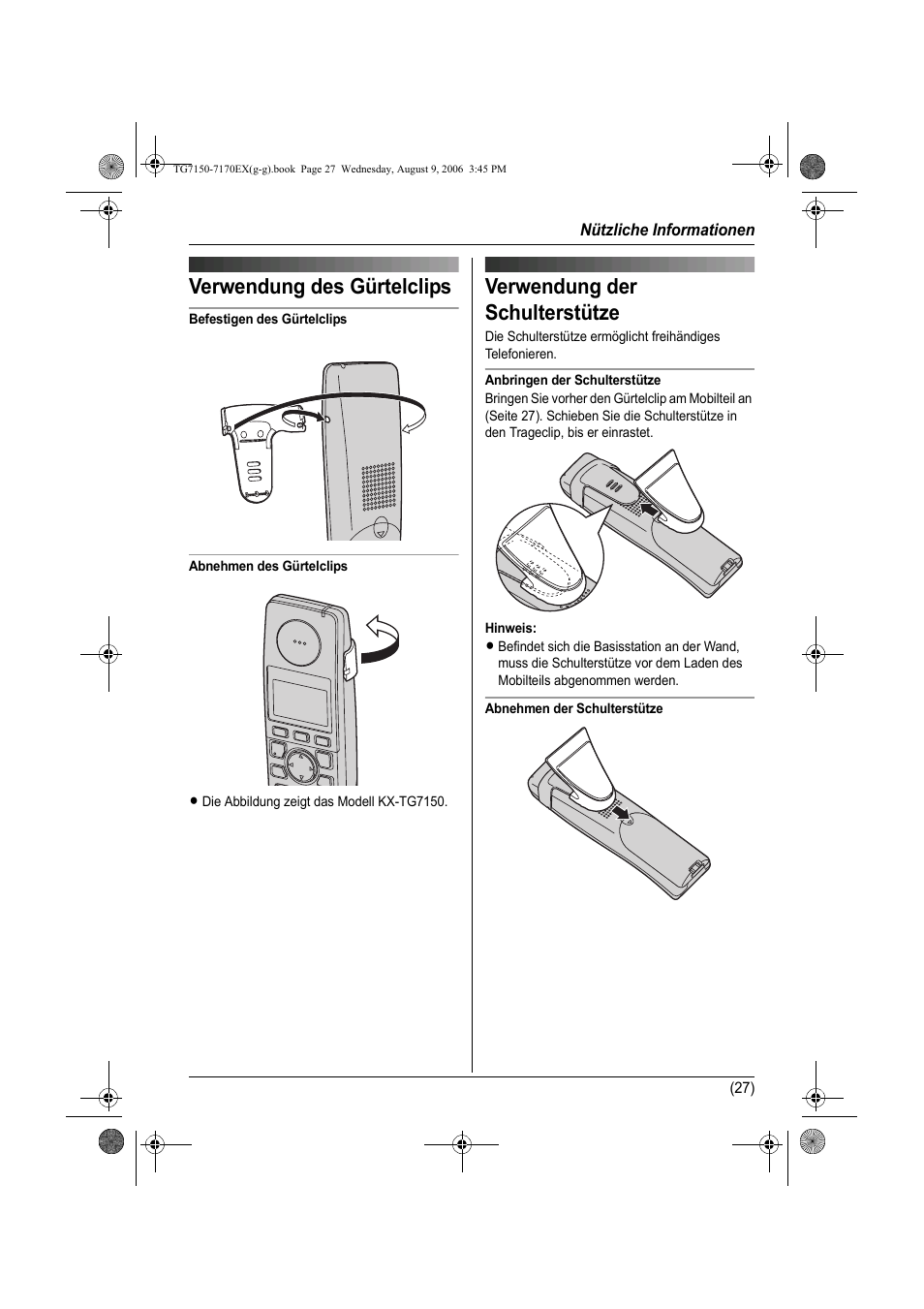 Nützliche informationen, Verwendung des gürtelclips, Verwendung der schulterstütze | Informations utiles, Utilisation du clip ceinture, Utilisation du porte-combiné, Uso della clip da cintura, Uso del poggiaspalla, Información de utilidad, Uso del clip para el cinturón | Panasonic KXTG7150EX User Manual | Page 63 / 216