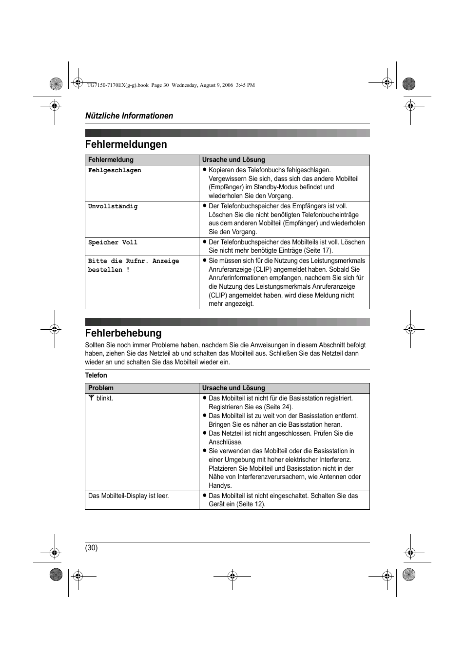 Fehlermeldungen, Fehlerbehebung, Fehlermeldungen fehlerbehebung | Panasonic KXTG7150EX User Manual | Page 66 / 216