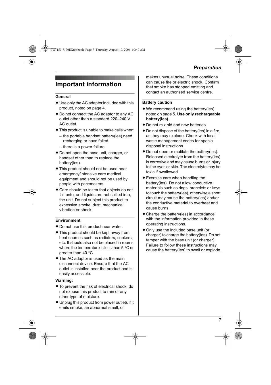 Important information | Panasonic KXTG7150EX User Manual | Page 7 / 216