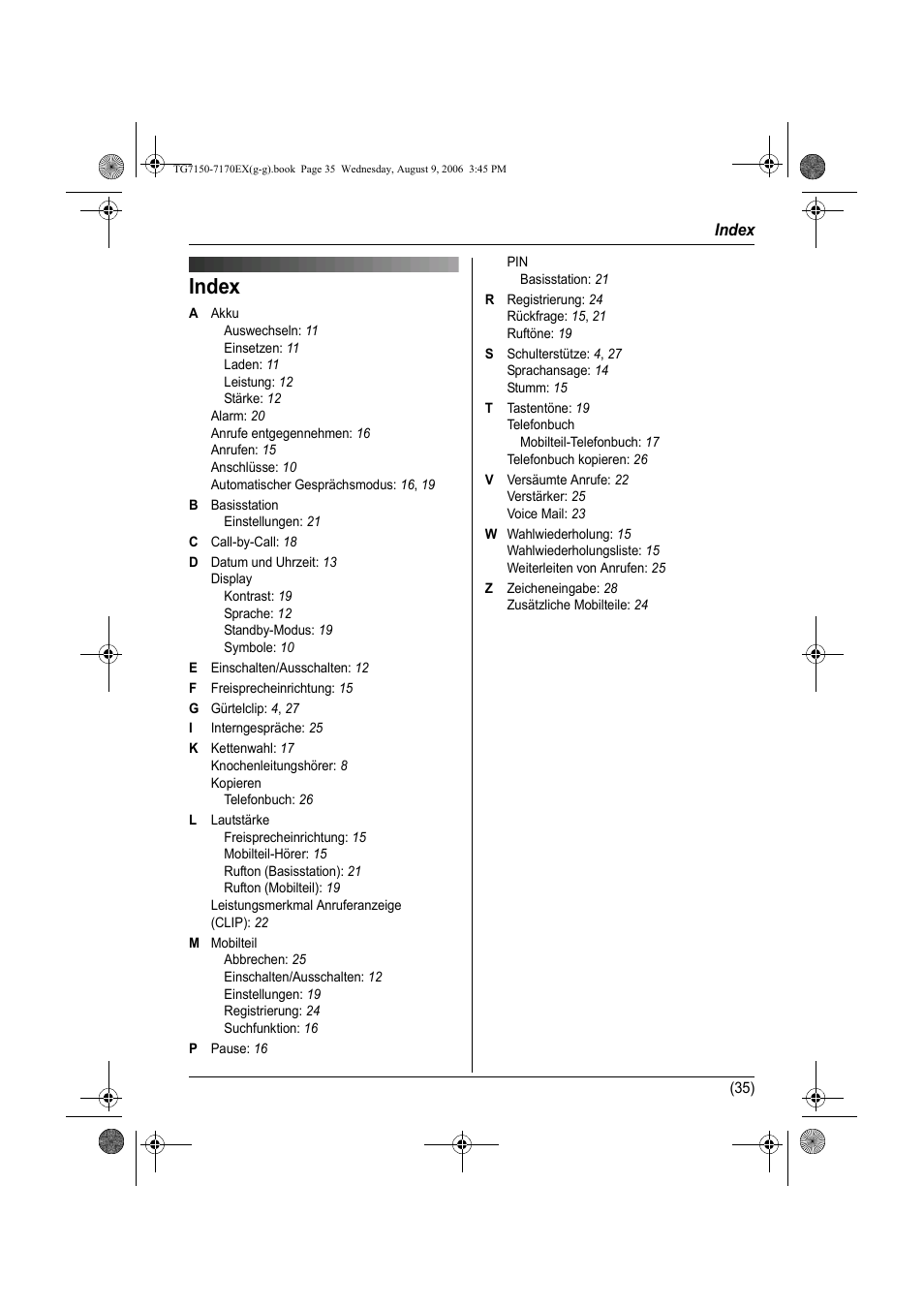 Index | Panasonic KXTG7150EX User Manual | Page 71 / 216