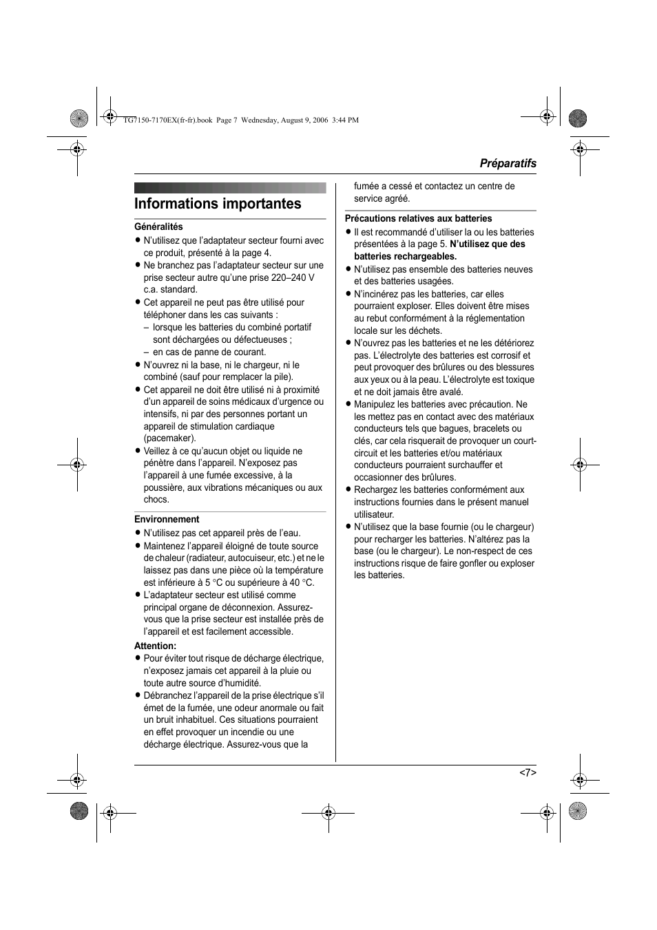 Informations importantes | Panasonic KXTG7150EX User Manual | Page 79 / 216