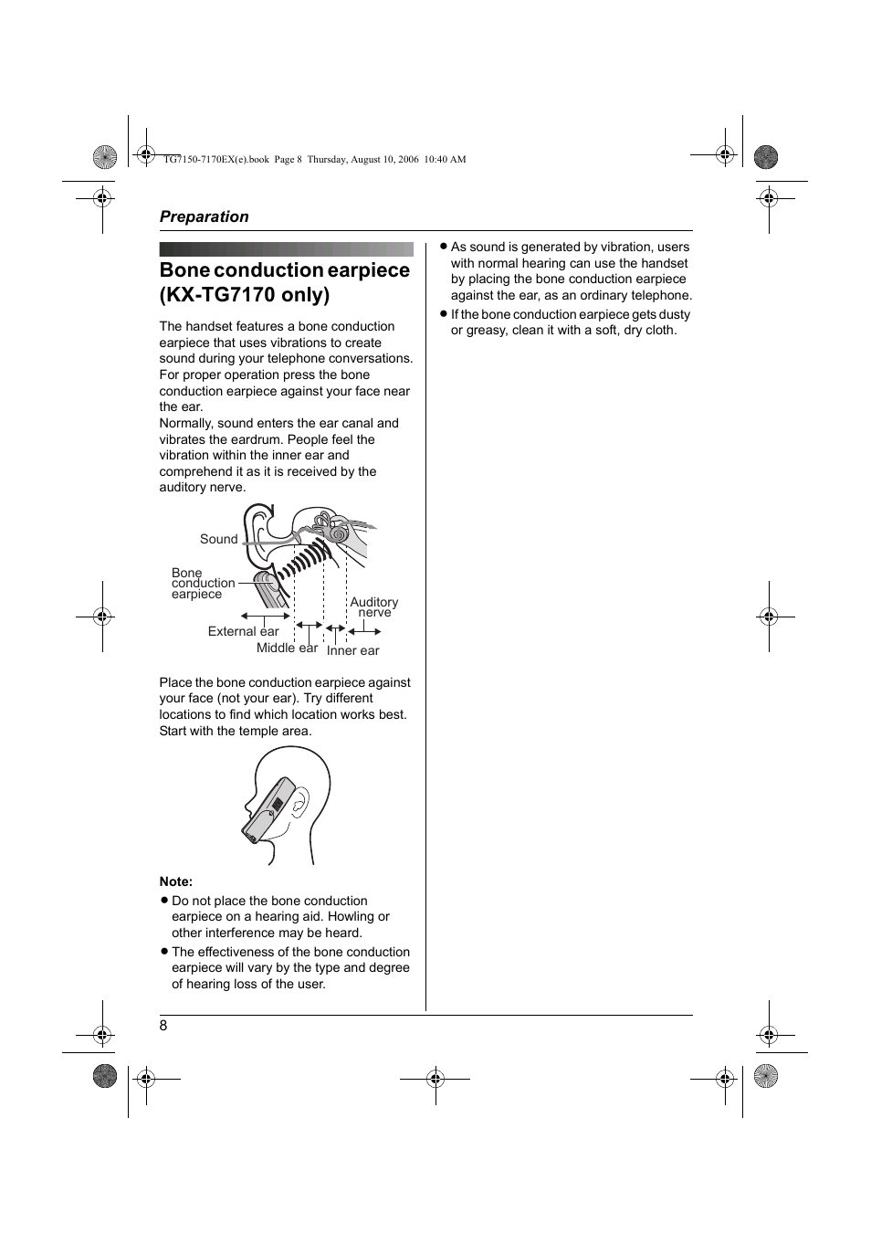 Bone conduction earpiece (kx-tg7170 only) | Panasonic KXTG7150EX User Manual | Page 8 / 216