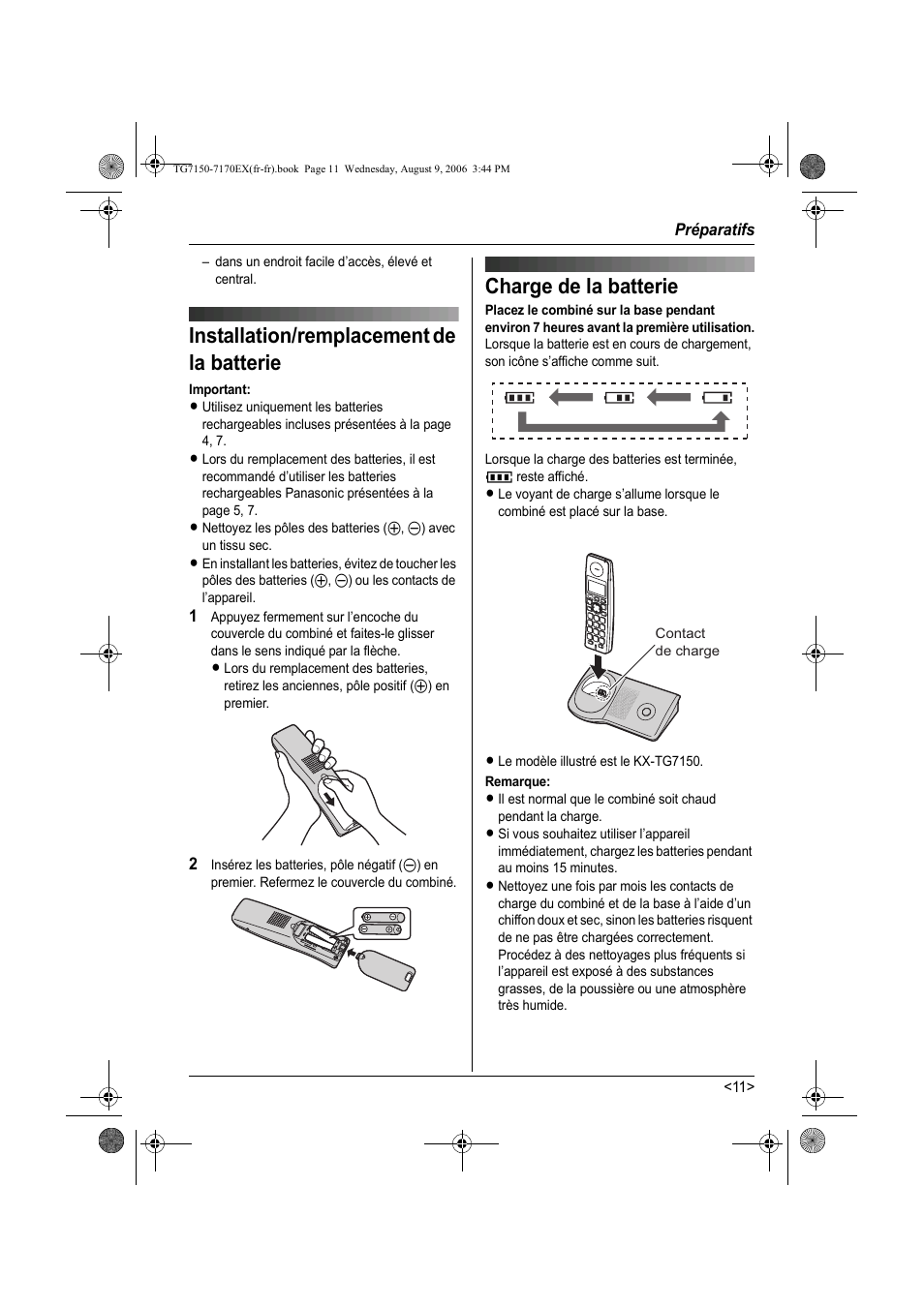 Installation/remplacement de la batterie, Charge de la batterie | Panasonic KXTG7150EX User Manual | Page 83 / 216