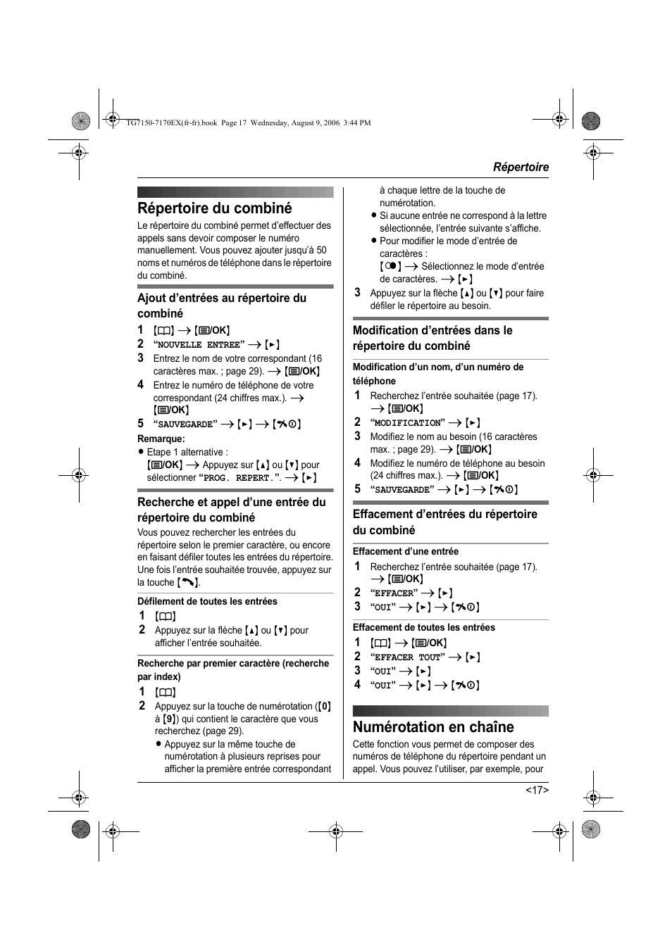 Numérotation en chaîne, Répertoire du combiné | Panasonic KXTG7150EX User Manual | Page 89 / 216