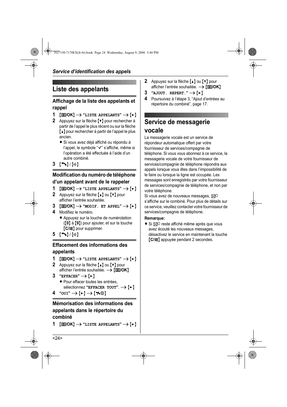 Liste des appelants, Service de messagerie vocale, Liste des appelants service de messagerie vocale | Panasonic KXTG7150EX User Manual | Page 96 / 216