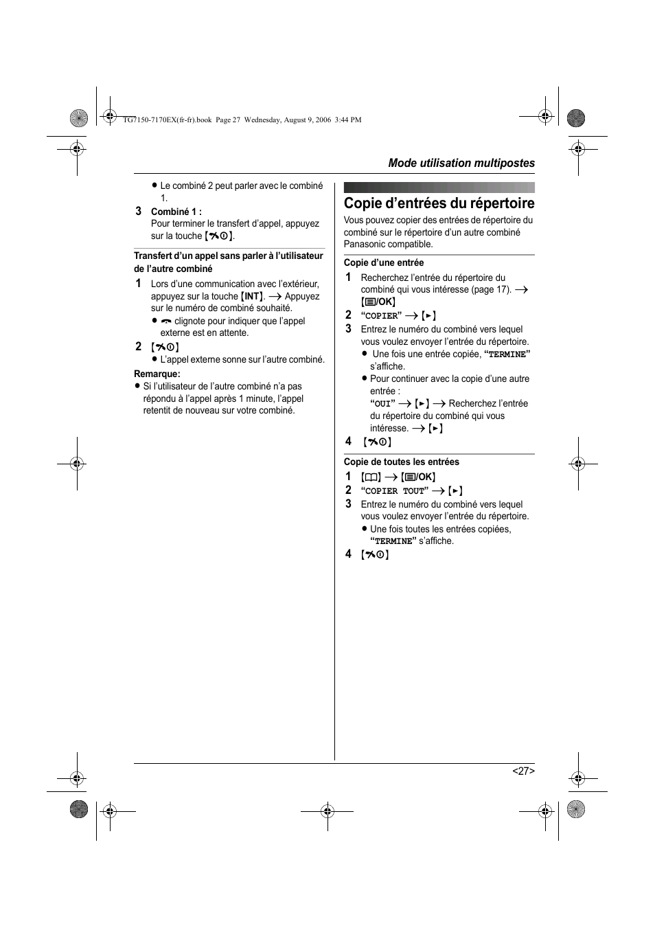 Copie d’entrées du répertoire | Panasonic KXTG7150EX User Manual | Page 99 / 216