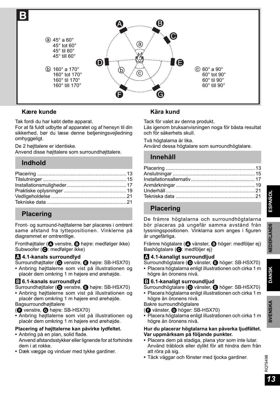 Indhold, Placering, Innehåll | Panasonic SBHSX70 User Manual | Page 13 / 32